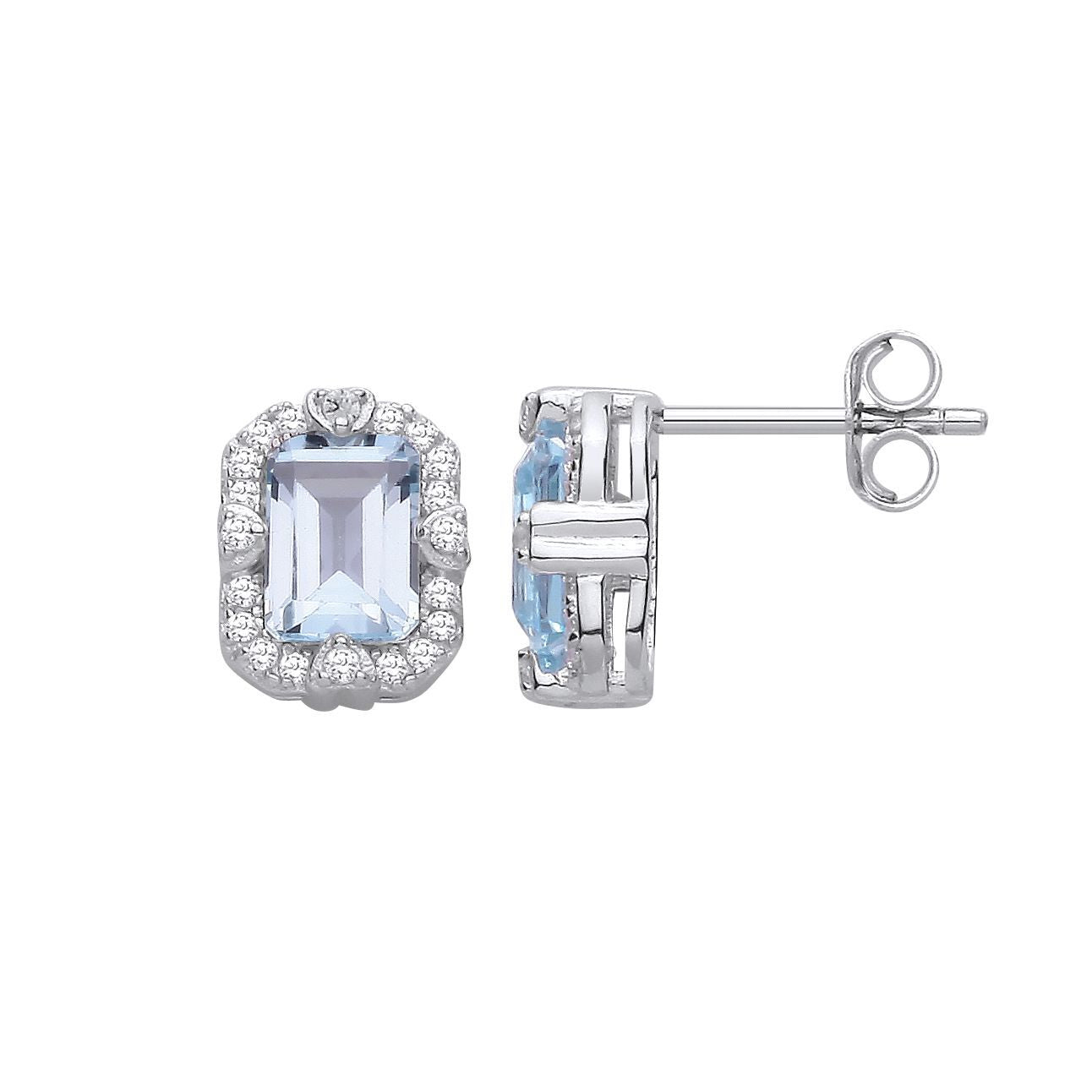 Silver  Blue Emerald CZ Love Heart Icy Glow Halo Drop Earrings - EAG1435