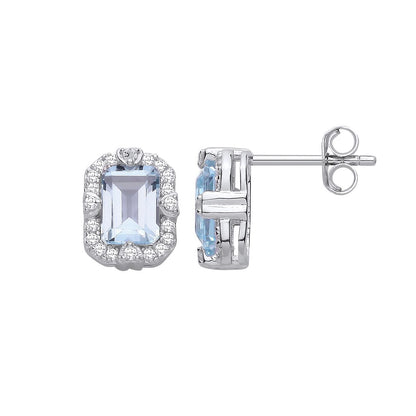 Silver  Blue Emerald CZ Love Heart Icy Glow Halo Drop Earrings - EAG1435