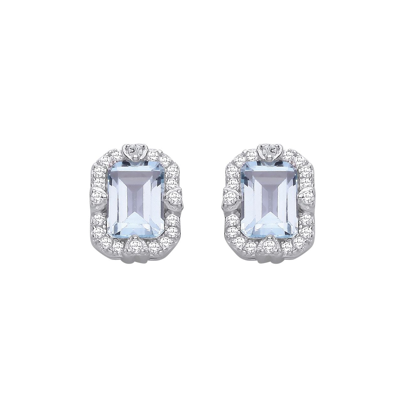 Sterling Silver CZ & Sky Blue Topaz Halo Cluster Stud Earrings - EAG1435