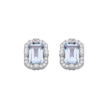 Sterling Silver CZ & Sky Blue Topaz Halo Cluster Stud Earrings - EAG1435