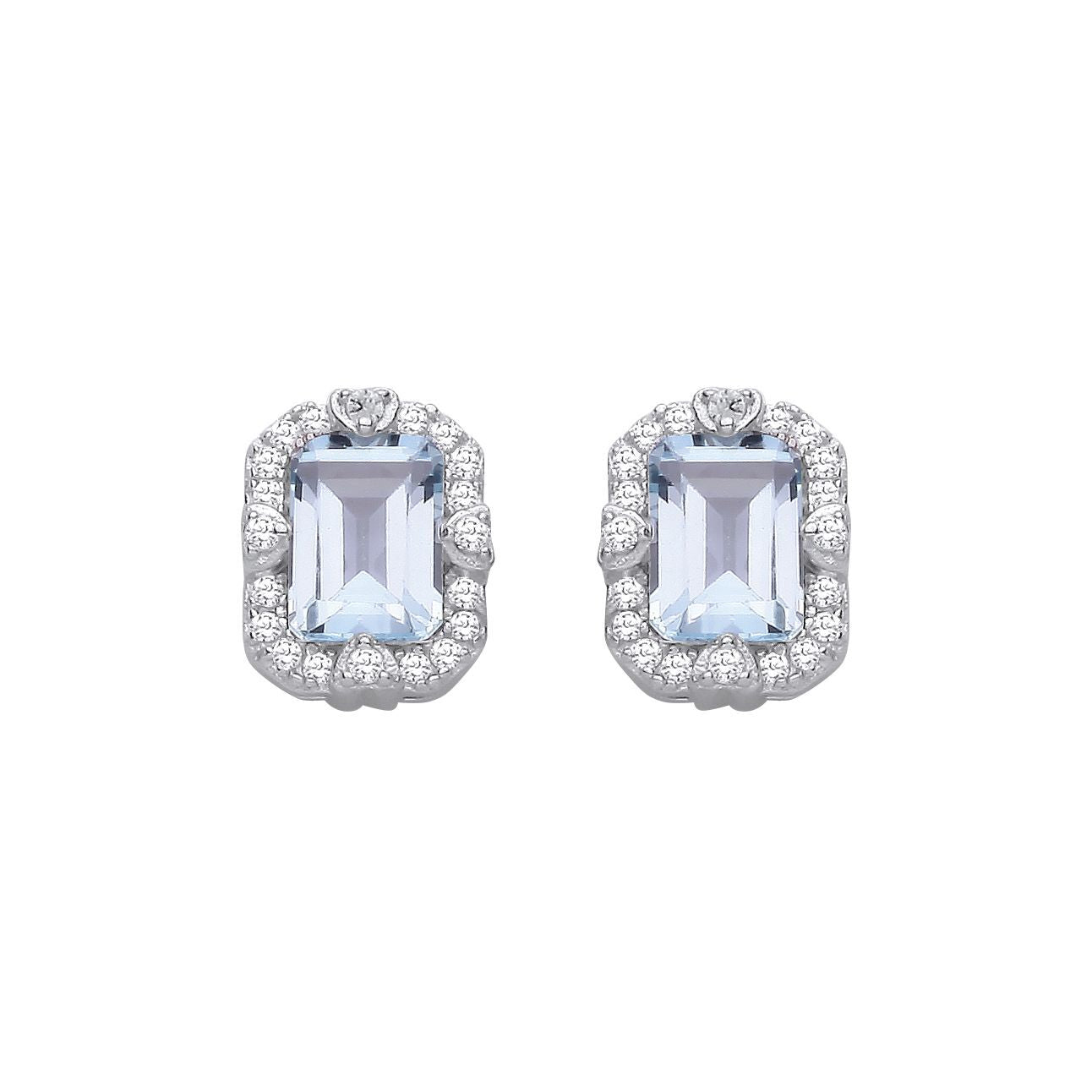 Silver  Blue Emerald CZ Love Heart Icy Glow Halo Drop Earrings - EAG1435