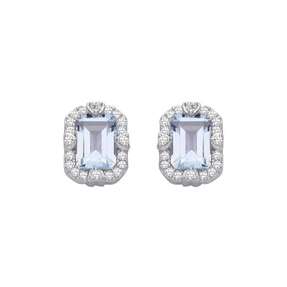 Silver  Blue Emerald CZ Love Heart Icy Glow Halo Drop Earrings - EAG1435