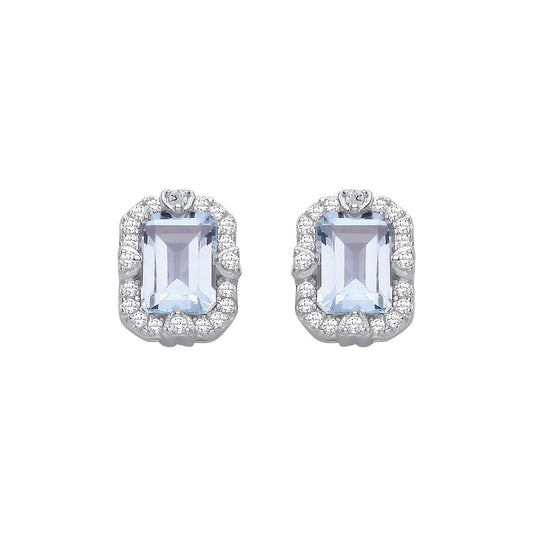 Silver  Blue Emerald CZ Love Heart Icy Glow Halo Drop Earrings - EAG1435