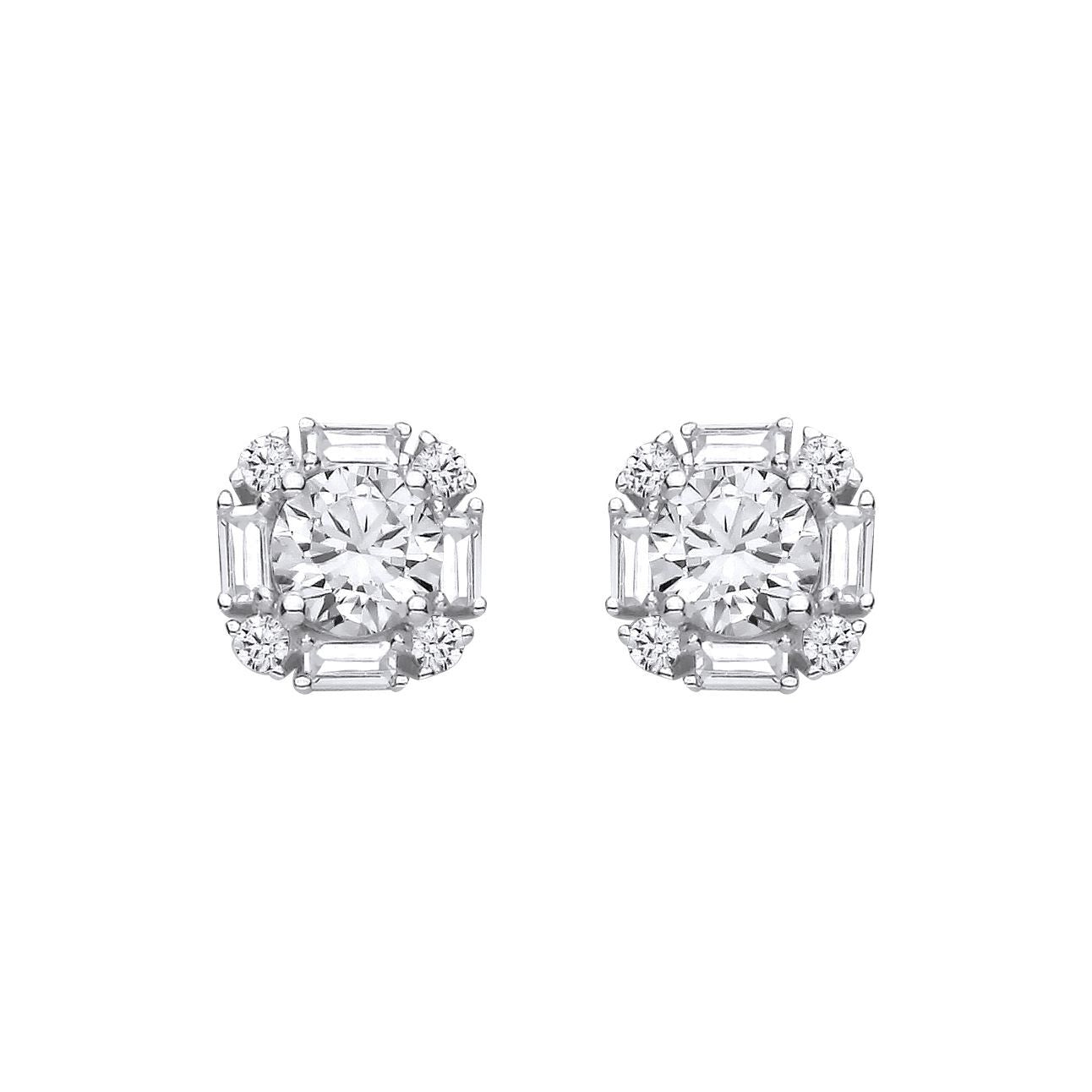 Silver  Baguette CZ Art Deco Cushion Solitaire Stud Earrings - EAG1436