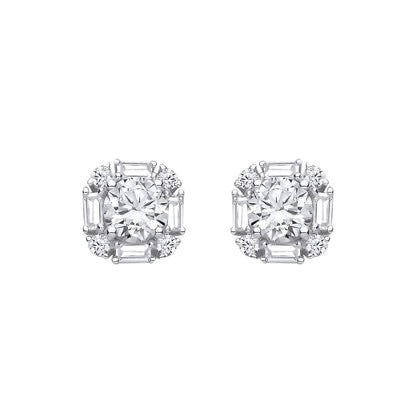 Silver  Baguette CZ Art Deco Cushion Solitaire Stud Earrings - EAG1436