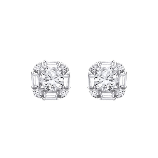 Silver  Baguette CZ Art Deco Cushion Solitaire Stud Earrings - EAG1436