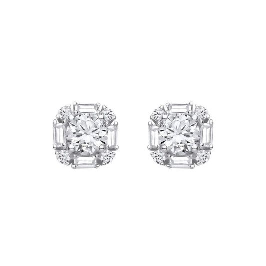 Sterling Silver CZ Halo Asscher Cut Stud Earrings - EAG1436