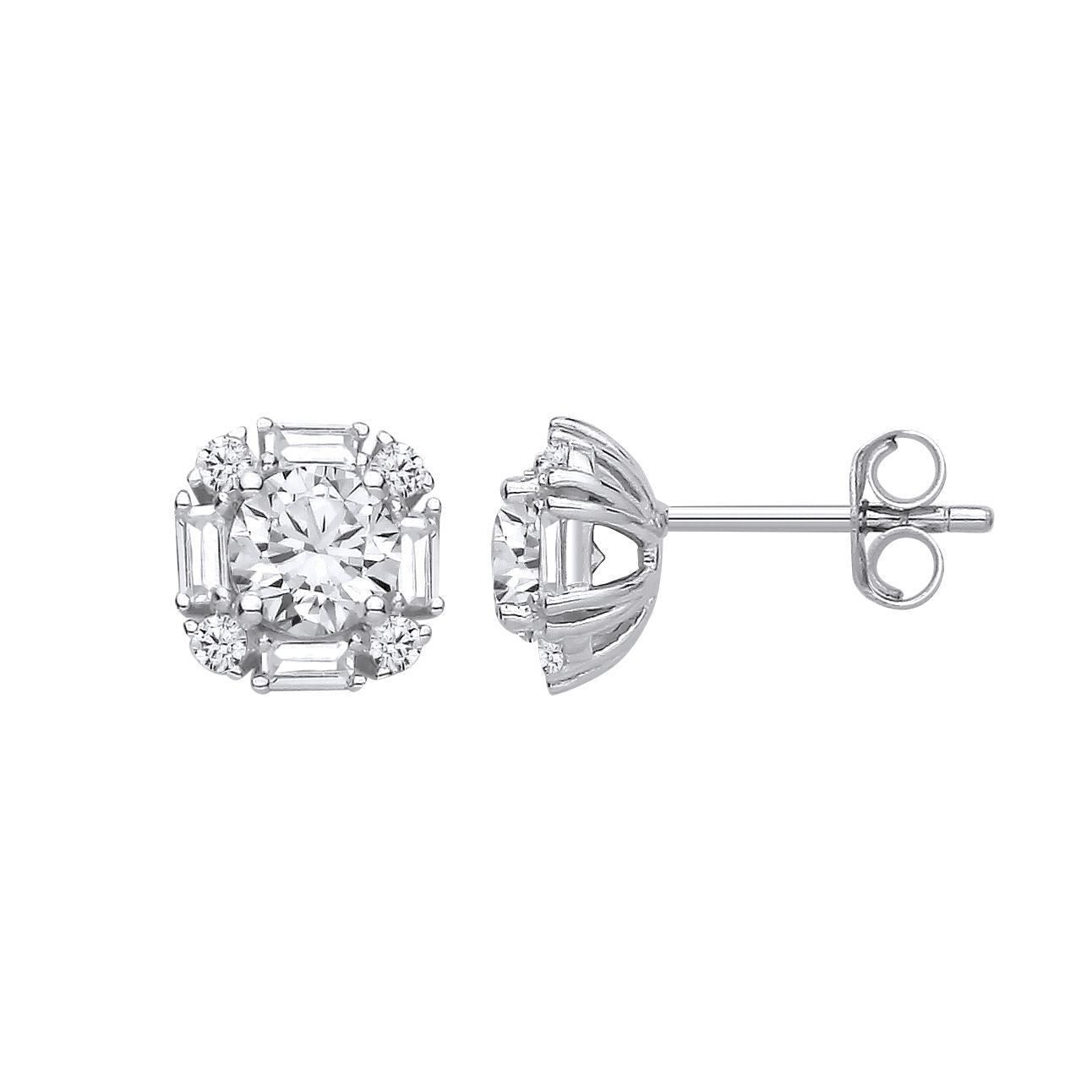 Silver  Baguette CZ Art Deco Cushion Solitaire Stud Earrings - EAG1436