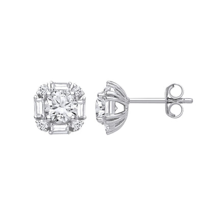 Silver  Baguette CZ Art Deco Cushion Solitaire Stud Earrings - EAG1436