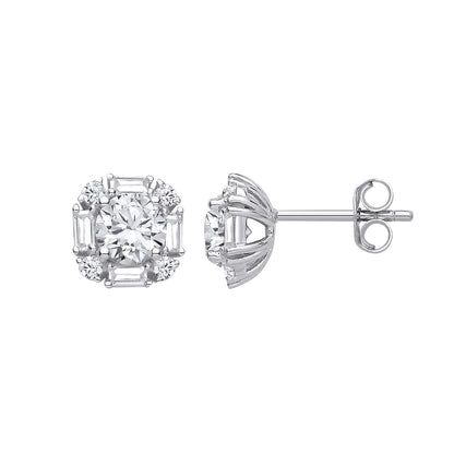 Sterling Silver CZ Halo Asscher Cut Stud Earrings - EAG1436