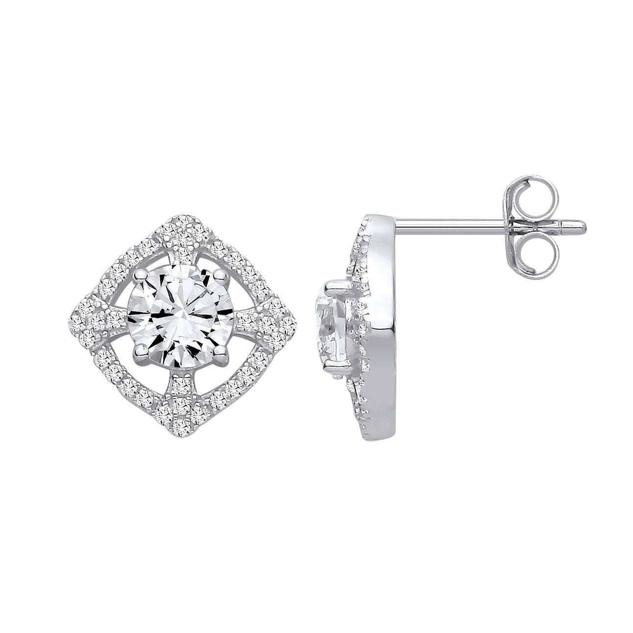 Silver  CZ Maltese Cross Scalloped Square Halo Drop Earrings - EAG1437