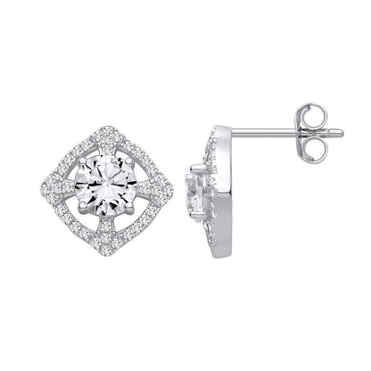 Silver  CZ Maltese Cross Scalloped Square Halo Drop Earrings - EAG1437