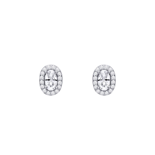 Silver  Oval CZ Oval Halo Solitaire Cluster Drop Stud Earrings - EAG1464