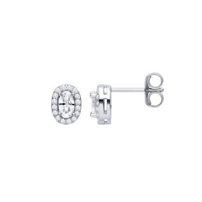 Silver  Oval CZ Oval Halo Solitaire Cluster Drop Stud Earrings - EAG1464