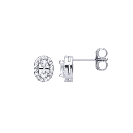 Silver  Oval CZ Oval Halo Solitaire Cluster Drop Stud Earrings - EAG1464