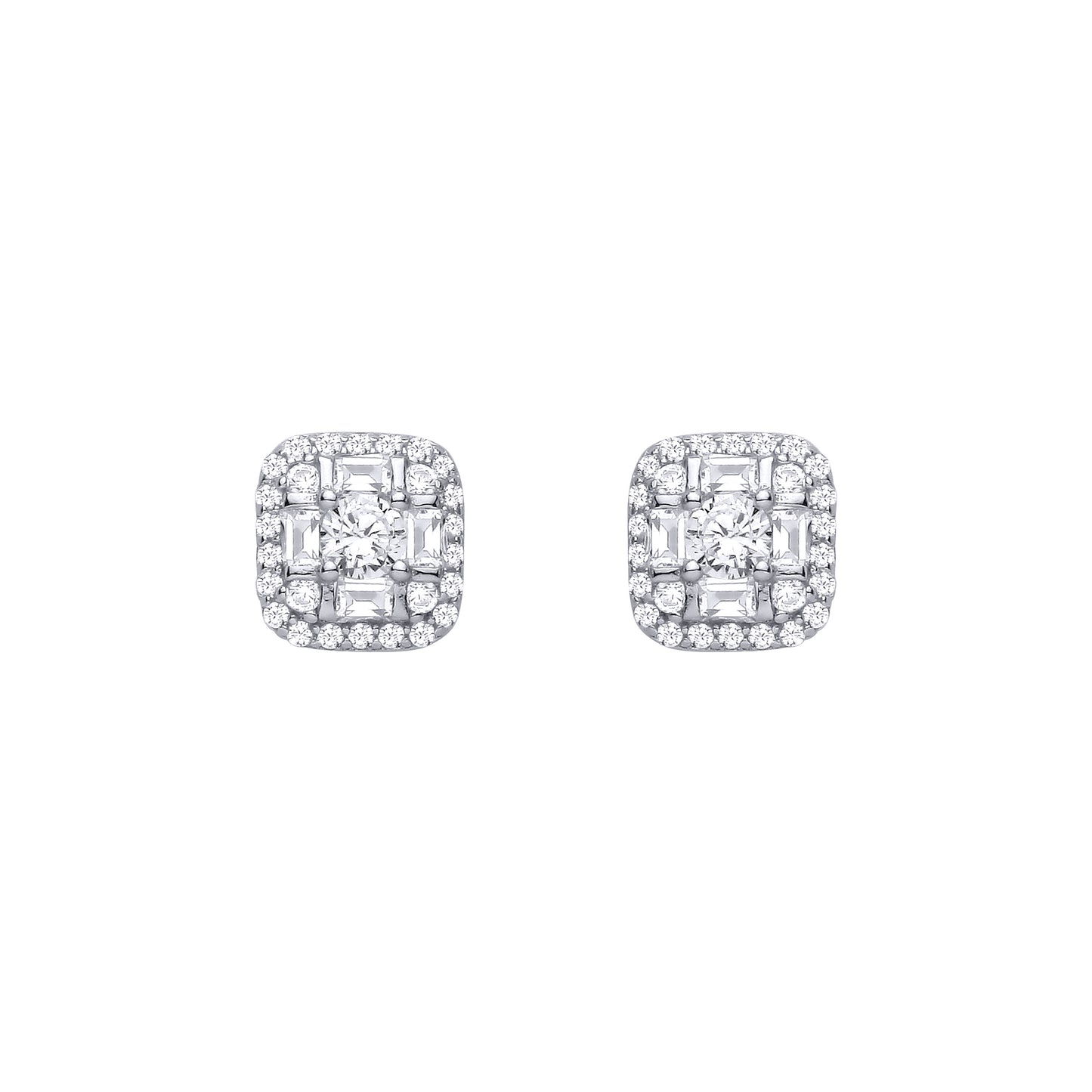 Silver  CZ Round & Baguette Square Cluster Stud Earrings - EAG1465