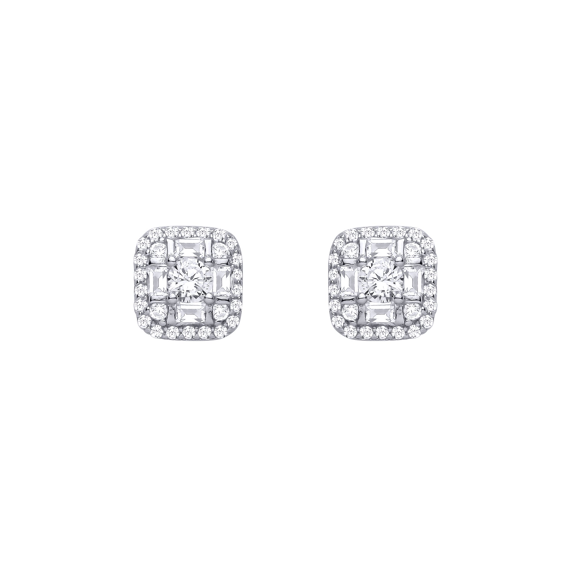 Silver  CZ Round & Baguette Square Cluster Stud Earrings - EAG1465