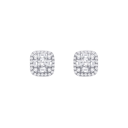 Silver  CZ Round & Baguette Square Cluster Stud Earrings - EAG1465