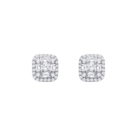 Silver  CZ Round & Baguette Square Cluster Stud Earrings - EAG1465