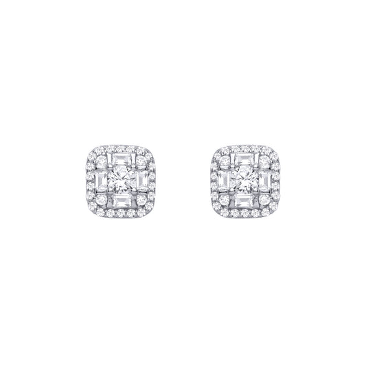 Silver  CZ Round & Baguette Square Cluster Stud Earrings - EAG1465