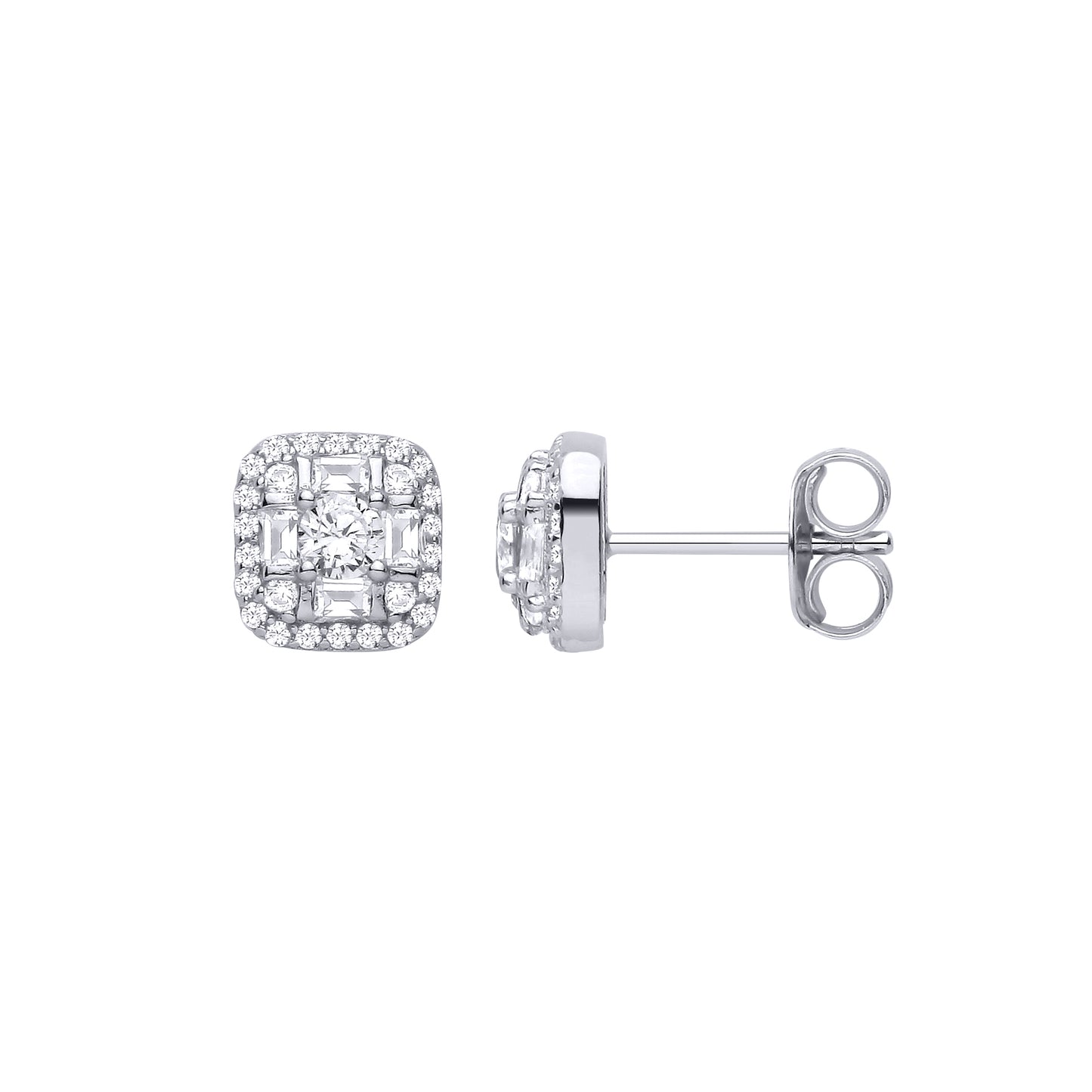 Silver  CZ Round & Baguette Square Cluster Stud Earrings - EAG1465