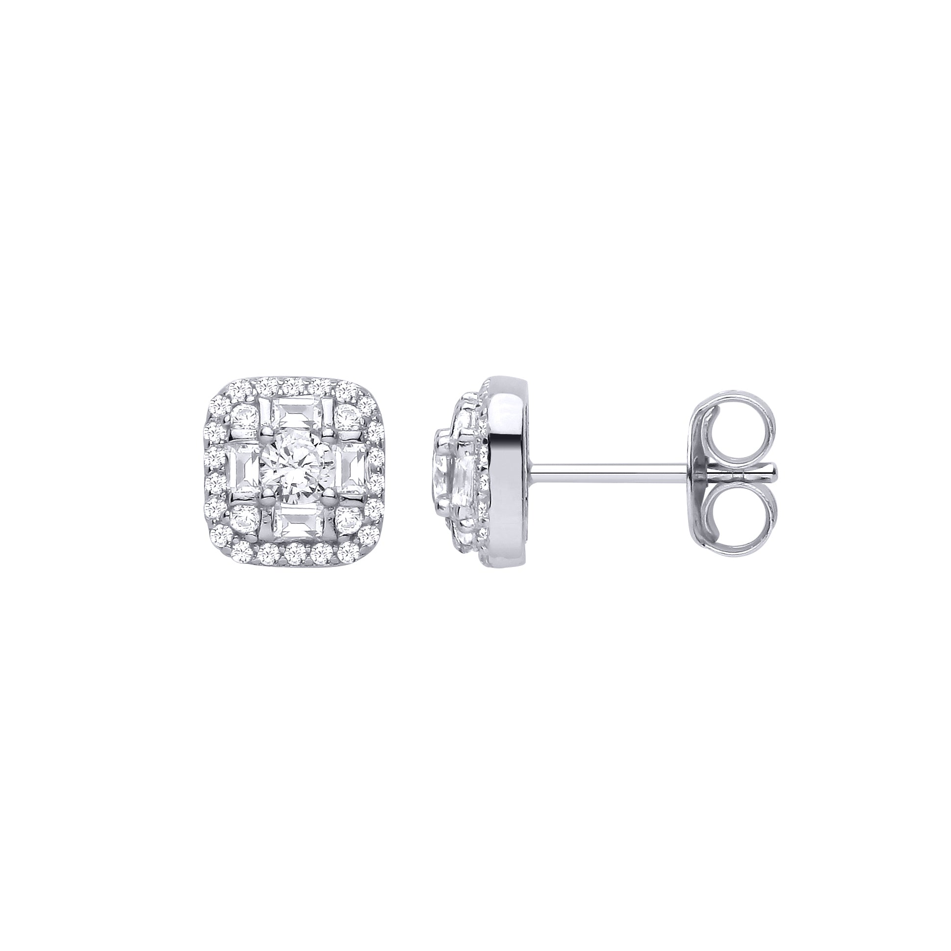 Silver  CZ Round & Baguette Square Cluster Stud Earrings - EAG1465