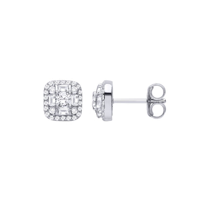 Silver  CZ Round & Baguette Square Cluster Stud Earrings - EAG1465