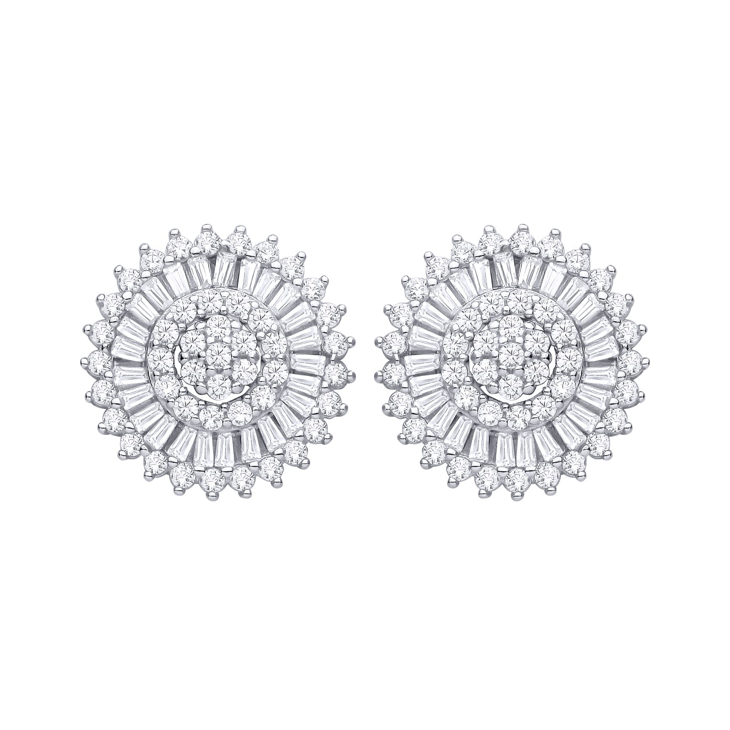 Silver  CZ Round & Baguette Cluster Stud Earrings - EAG1466