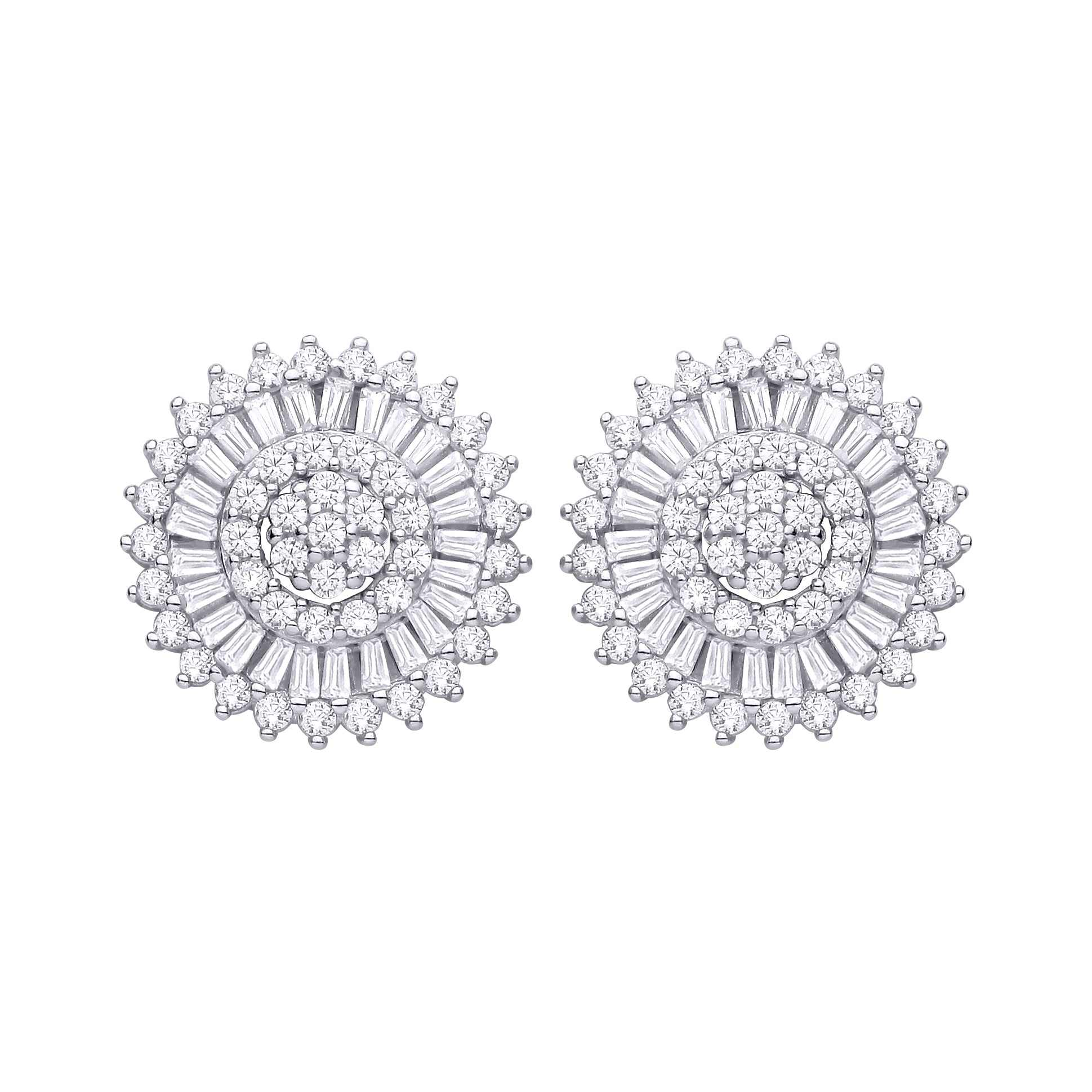 Silver  CZ Round & Baguette Cluster Stud Earrings - EAG1466