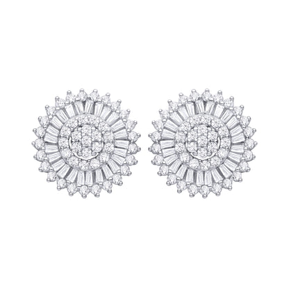 Silver  CZ Round & Baguette Cluster Stud Earrings - EAG1466
