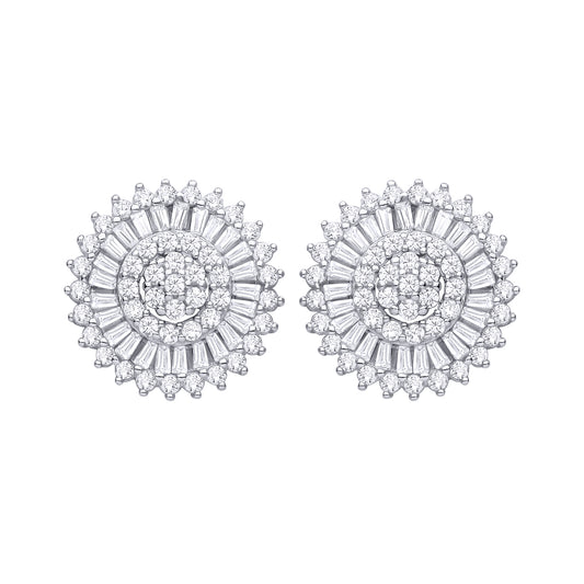 Silver  CZ Round & Baguette Cluster Stud Earrings - EAG1466