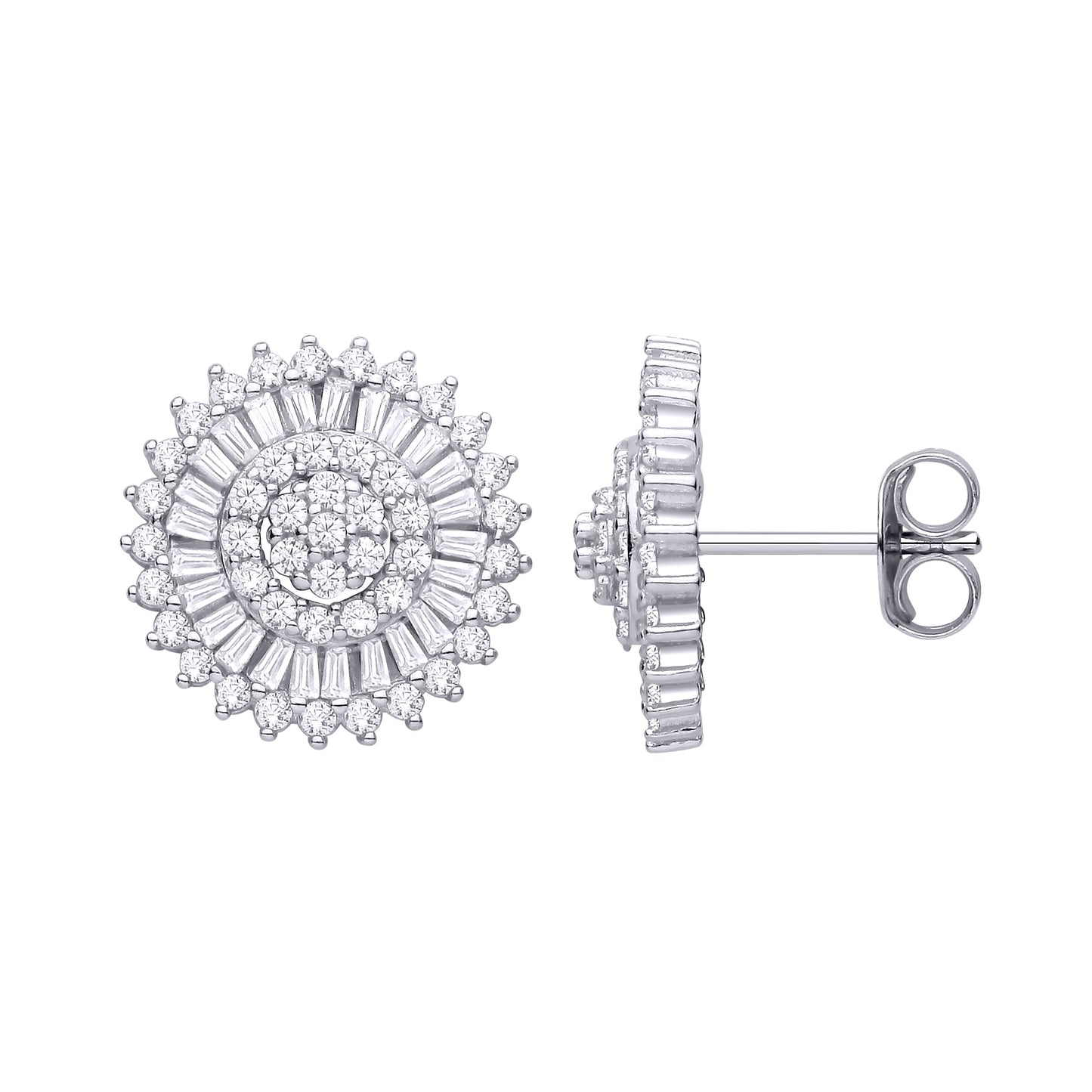 Silver  CZ Round & Baguette Cluster Stud Earrings - EAG1466