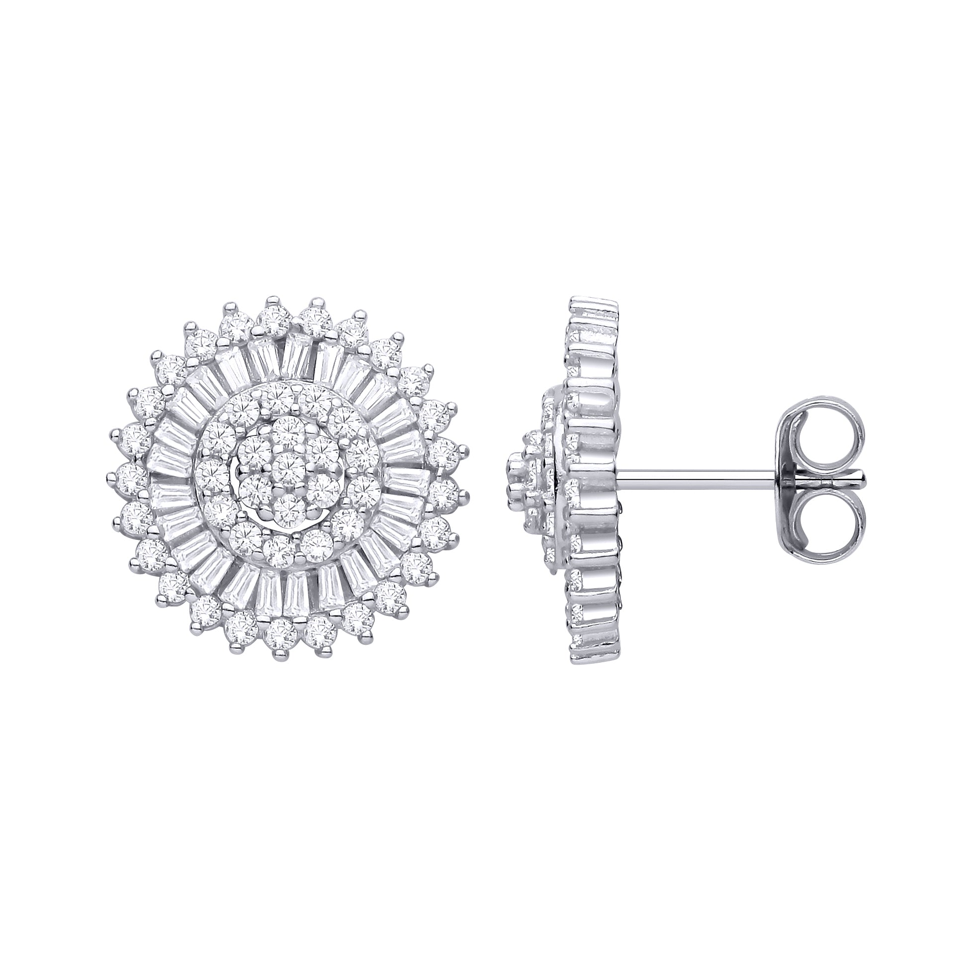 Silver  CZ Round & Baguette Cluster Stud Earrings - EAG1466