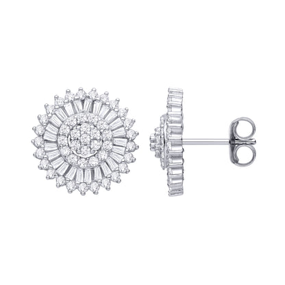 Silver  CZ Round & Baguette Cluster Stud Earrings - EAG1466