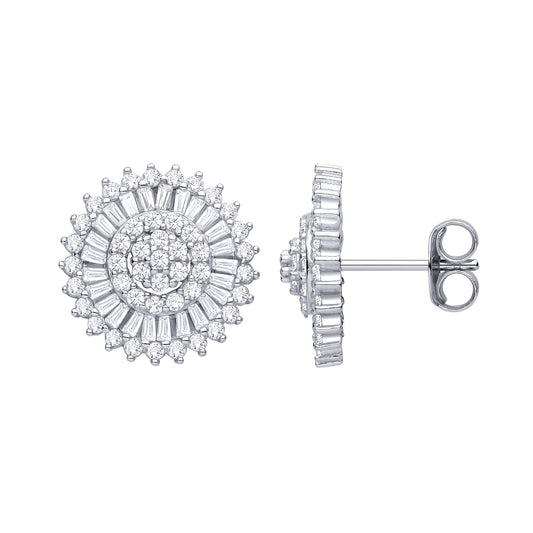 Silver  CZ Round & Baguette Cluster Stud Earrings - EAG1466