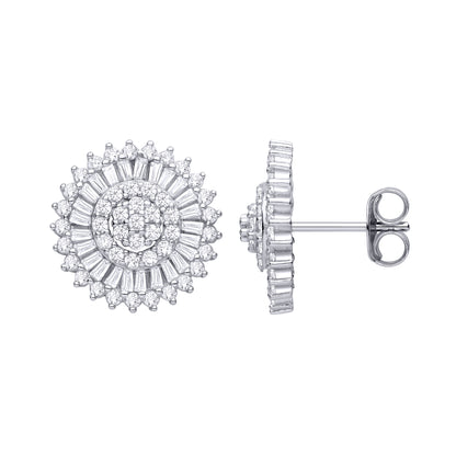 Silver  CZ Radial Sunshine Sunburst Sunflower Halo Stud Earrings - EAG1466
