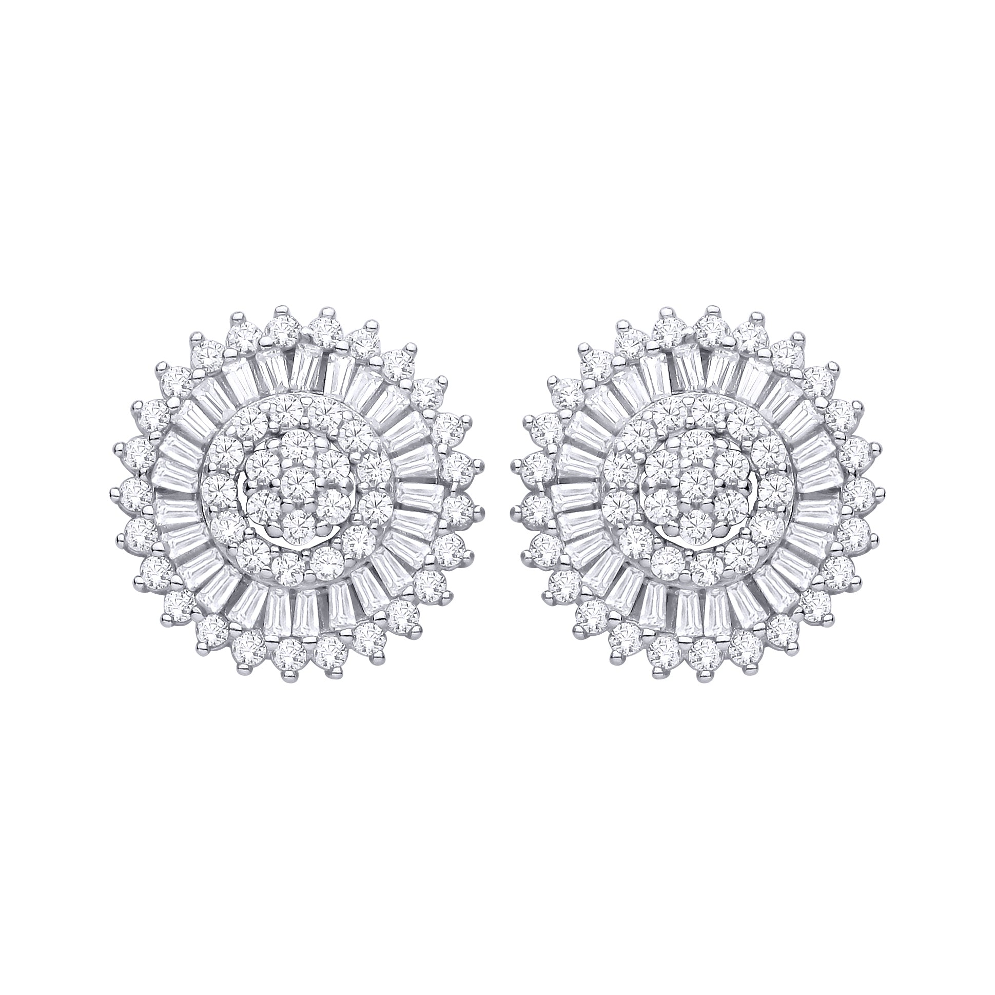 Silver  CZ Radial Sunshine Sunburst Sunflower Halo Stud Earrings - EAG1466