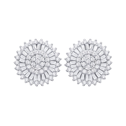 Silver  CZ Radial Sunshine Sunburst Sunflower Halo Stud Earrings - EAG1466