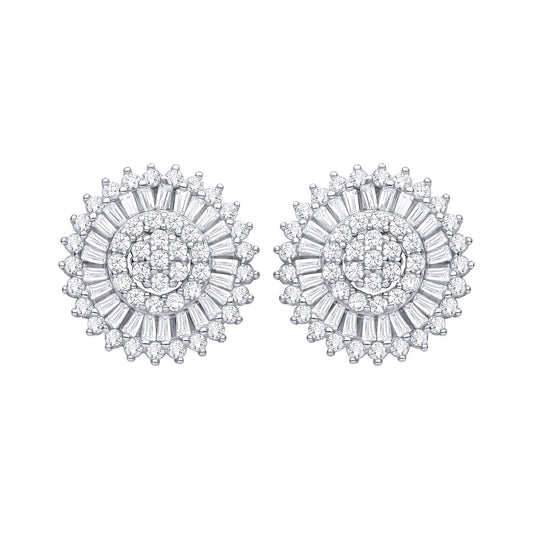 Silver  CZ Round & Baguette Cluster Stud Earrings - EAG1466