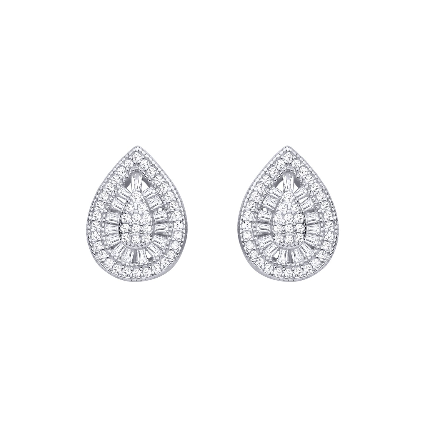 Silver  Baguette CZ Avocado Pear Halo Cluster Stud Earrings - EAG1467
