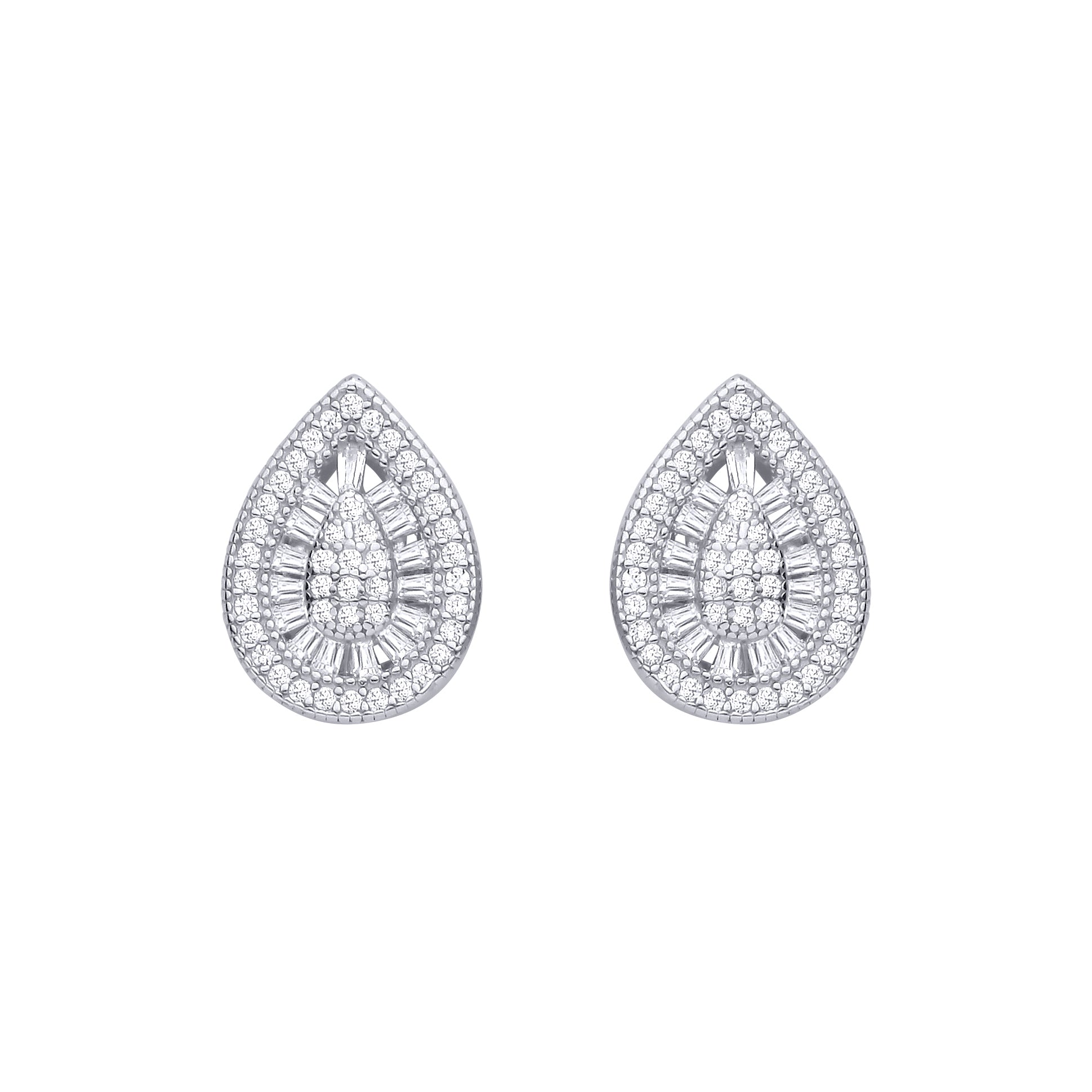 Silver  Baguette CZ Avocado Pear Halo Cluster Stud Earrings - EAG1467