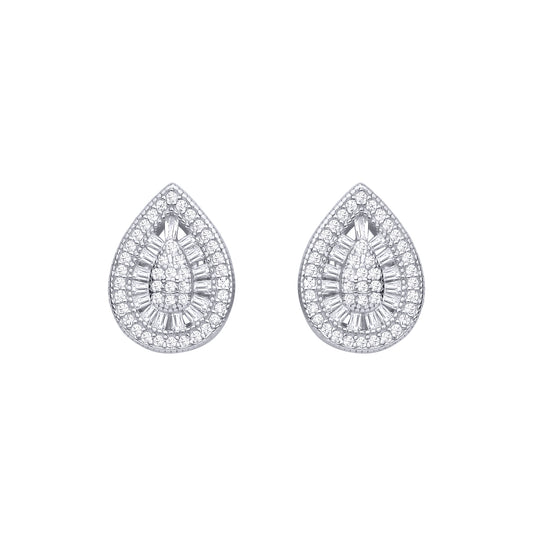 Silver  Baguette CZ Avocado Pear Halo Cluster Stud Earrings - EAG1467