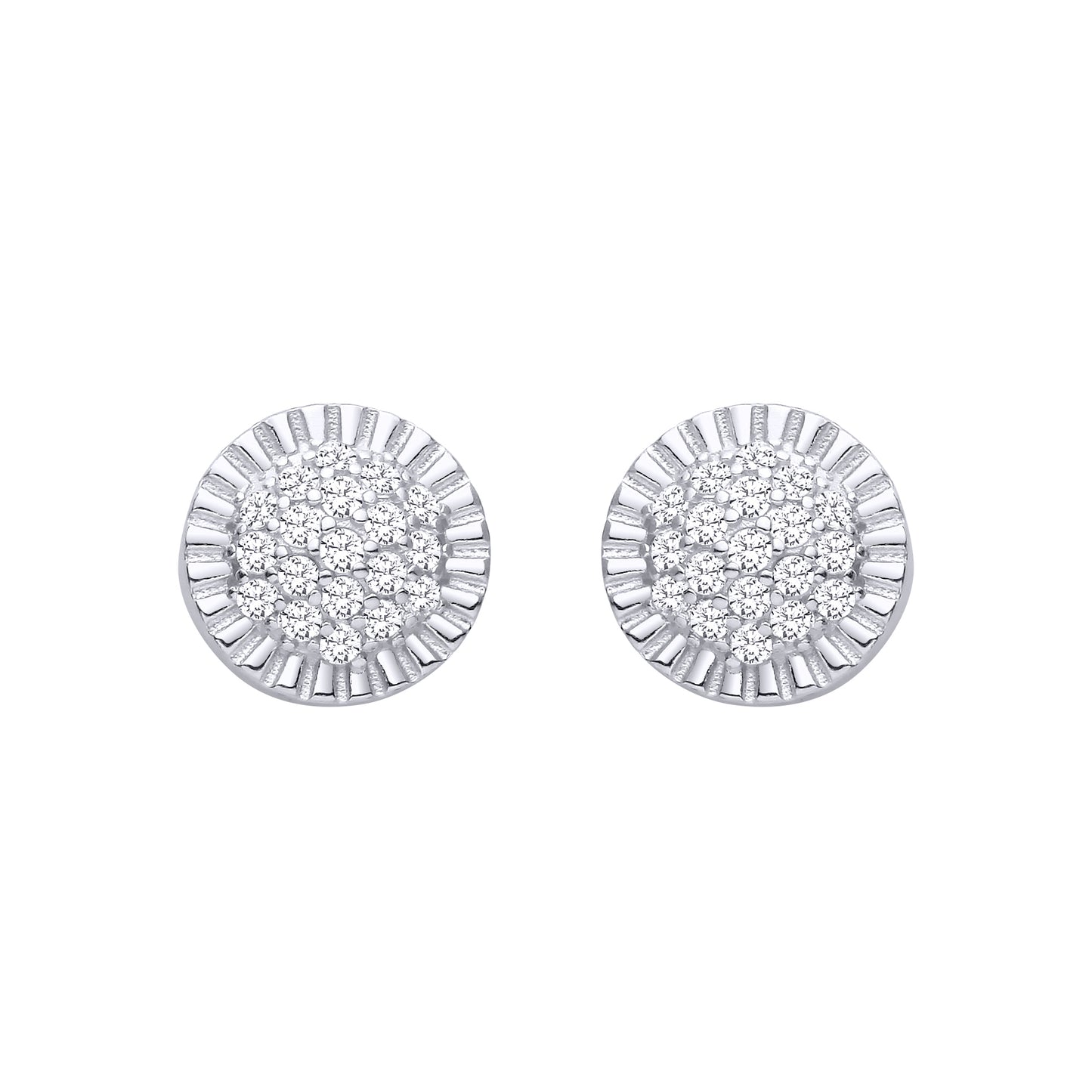 Silver  CZ Fluted Sunburst Halo Pave Dome Cluster Stud Earrings - EAG1468