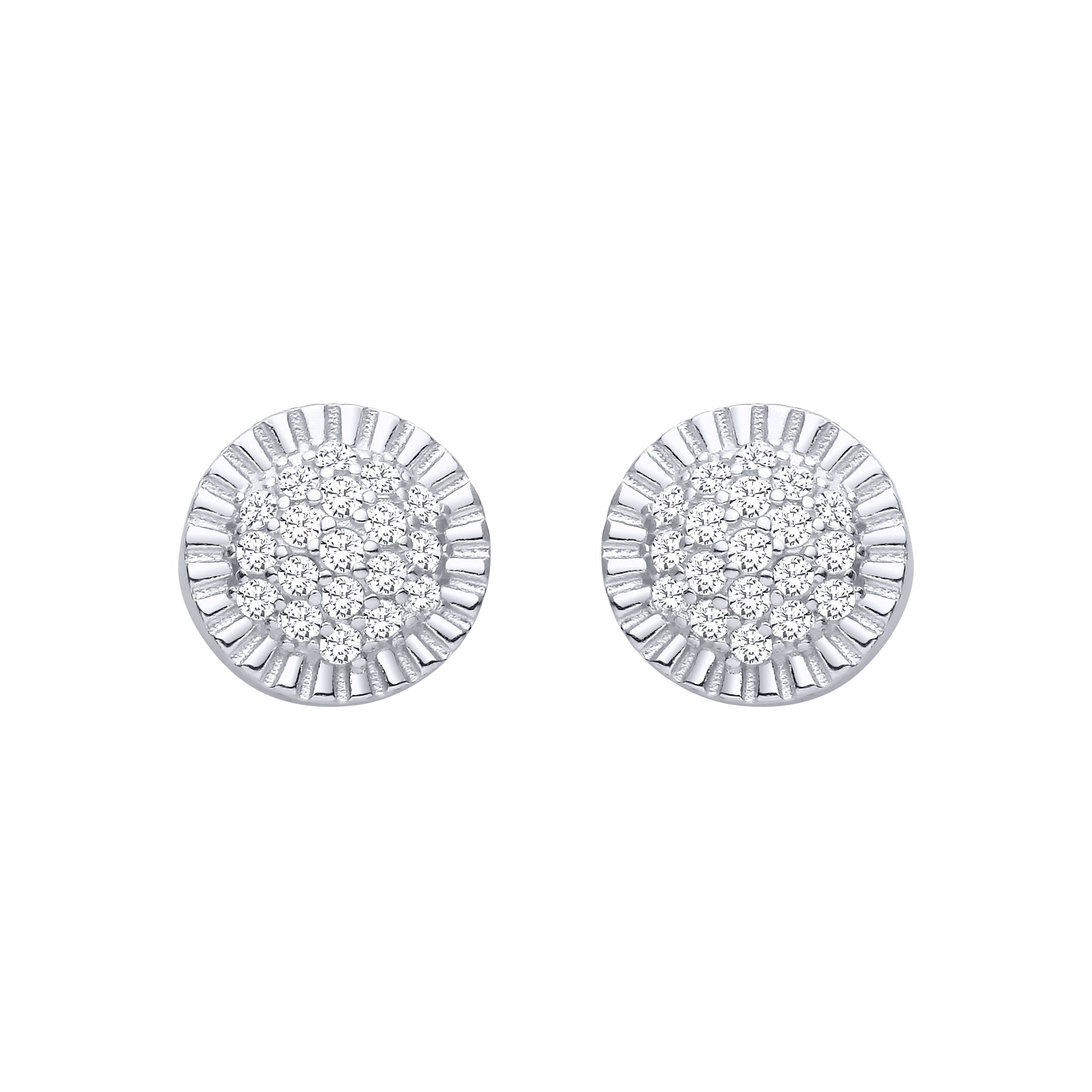 Silver  CZ Fluted Sunburst Halo Pave Dome Cluster Stud Earrings - EAG1468