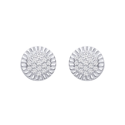 Silver  CZ Fluted Sunburst Halo Pave Dome Cluster Stud Earrings - EAG1468