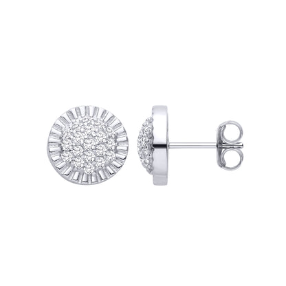 Silver  CZ Fluted Sunburst Halo Pave Dome Cluster Stud Earrings - EAG1468