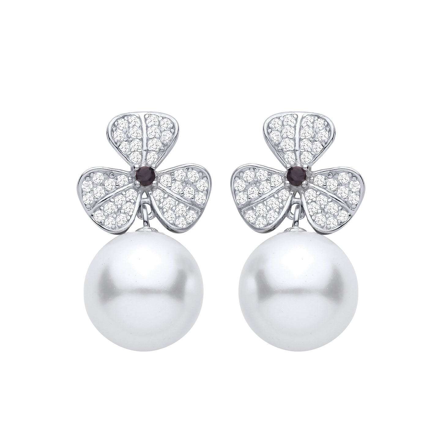 Silver  CZ 3 Leaf Clover Freshwater Pearl Drop Earrings - EAG1469