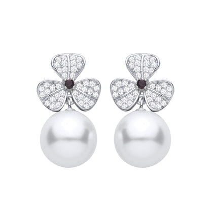 Silver  CZ 3 Leaf Clover Freshwater Pearl Drop Earrings - EAG1469