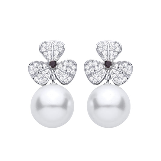 Silver  CZ 3 Leaf Clover Freshwater Pearl Drop Earrings - EAG1469