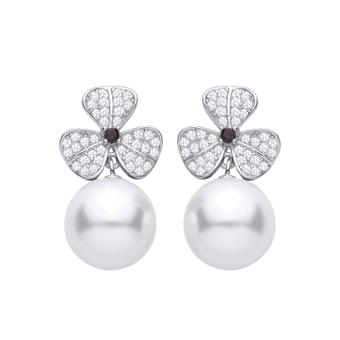 Silver  Purple Pearl CZ 3 Leaf Clover Spherical Drop Earrings - EAG1469